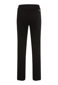 Zwarte broek met een rechte pasvorm. Gemaakt van katoenmix stof, met een standaard tailleband, vijf zakken en stiksels op de achterkant.