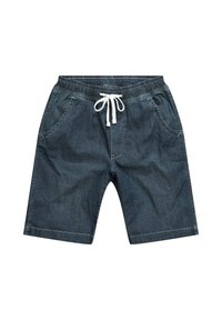 Shorts de mezclilla en azul oscuro con cintura elástica, detalle de cordón y dos bolsillos laterales. Presenta un corte regular y una textura suave.
