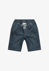 Shorts de mezclilla en azul oscuro con cintura elástica, detalle de cordón y dos bolsillos laterales. Presenta un corte regular y una textura suave.