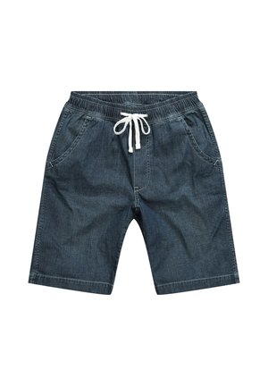 Shorts in denim blu scuro con vita elasticizzata, dettagli con cordoncino e due tasche laterali. Presentano una vestibilità regolare e una texture liscia.