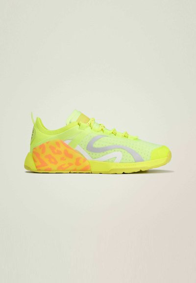 Neon yellow athletic shoe with a mesh upper, grey accents, and a textured orange platform featuring a leopard print pattern. Lightweight design.
