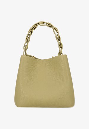 Grøn tekstureret læderhåndtaske med et fletkædehåndtag og to guldfarvede metalaccents ved den øverste åbning.