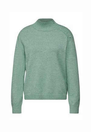 Grüner Strickpullover mit hohem Kragen, gerippten Bündchen und Saum sowie Knopfdetails an der linken Schulter. Weiche Textur, reguläre Passform.