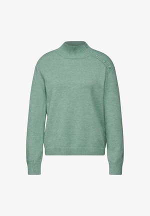 Zielony sweter z dzianiny z wysokim kołnierzem, ribbami przy mankietach i u dołu oraz guzikami na lewym ramieniu. Miękka faktura, regularny krój.