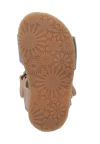 Sandalen zool in lichtbruin met reliëf bloemenpatronen. Het bovenste deel heeft kleurrijke banden van zacht materiaal.