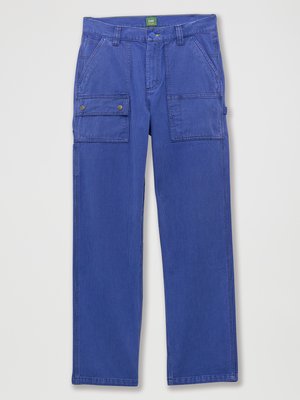 Blue striped cargo pants made of durable fabric with two front pockets and two side pockets, featuring snap closures and a straight leg design.