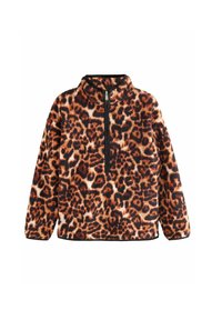 Pull en polaire à motif léopard avec une fermeture éclair noire et un col montant. Il possède des manches longues et une surface douce et texturée.