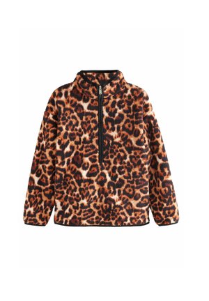 Pull en polaire à motif léopard avec une fermeture éclair noire et un col montant. Il possède des manches longues et une surface douce et texturée.