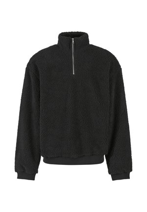 Mustast fliisist pusa pikkade varrukate, kõrge kaela, poolkriipsuga esiosaga ning soonikkoes varrukasääre ja äärega.