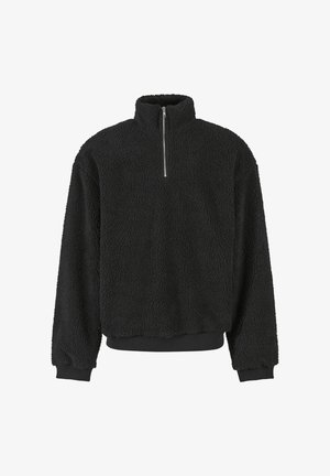 Pullover in pile nero con maniche lunghe, colletto alto, mezza cerniera frontale, e polsini e orlo a coste.
