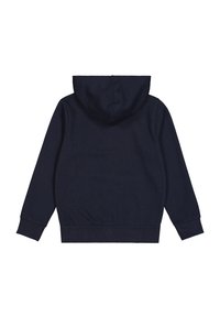 Felpa con cappuccio blu navy realizzata in tessuto morbido, dotata di maniche lunghe e orlo a costine. Il retro presenta una superficie liscia con cappuccio centralizzato.