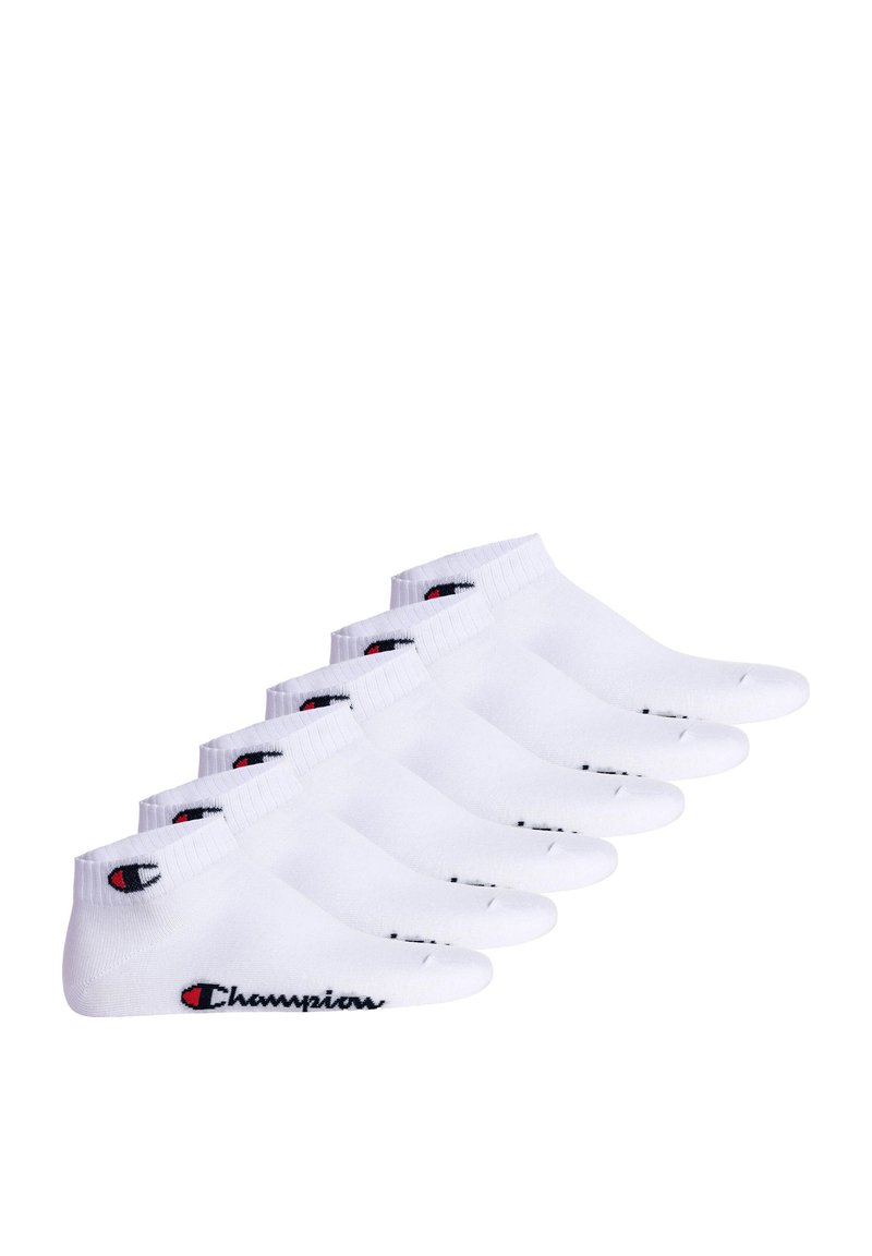 White ankle socks, cotton blend, featuring a ribbed cuff, Champion logo in black and red, with a smooth texture and no patterns. Set of six.