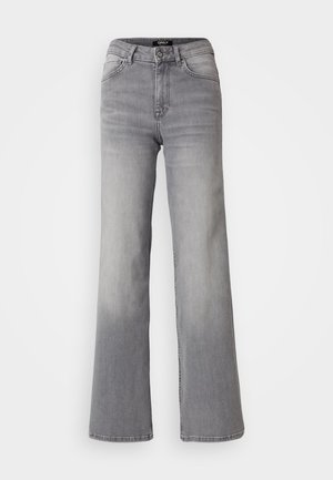 Lys grå vid jeans med høy midje, klassisk fem-lommersdesign, knappelukking og subtil falming gjennom hele.