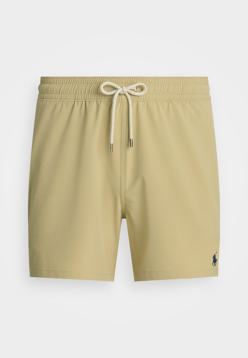 Beiga badshorts med elastisk midja, dragsko och blå logo på nedre vänstra benet. Slät tygstruktur.