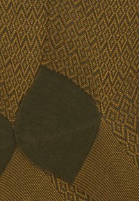 Calze marroni e verde oliva con un motivo geometrico, dotate di una parte superiore a maglia testurizzata e una sezione del piede più scura e liscia.
