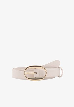 Light beige faux leather belt with an oval gold-tone buckle, flat strap design, and single loop for adjustment.