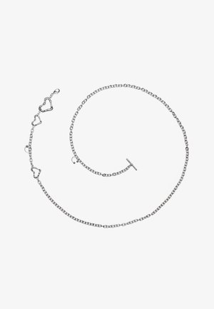 Hõbedane kettkaelakee, millel on südamekujulised lingid, tekstureeritud disain ja takjakinnitus. Üldine kuju on piklik, erineva lingi suurusega.