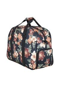 Czarna torba sportowa w kwiaty z kolorowymi kwiatami hibiskusa, wytrzymałe uchwyty, zamek błyskawiczny oraz dodatkowa kieszeń z przodu na przechowywanie.
