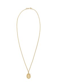 Halskette in Goldton mit einer dünnen Kette und einem ovalen Anhänger mit einem geprägten Design. Der Verschluss ist einfach und sicher.