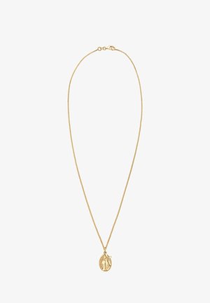 Collana in tono oro con una catena sottile e un pendente ovale caratterizzato da un motivo in rilievo. La chiusura è semplice e sicura.