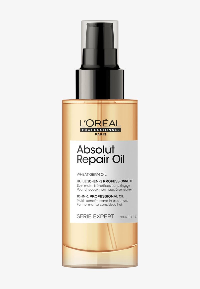 L'Oréal Absolut Repair Oil en flacon-pompe transparent, 90 ml, traitement nourrissant 10-en-1 sans rinçage à l'huile de germe de blé pour cheveux normaux à sensibilisés.