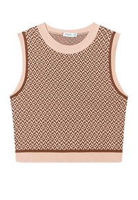 Ärmelloses Strickoberteil in Hellrosa mit einem geometrischen Muster in dunklerem Braun. Verfügt über einen gerippten Ausschnitt und Saum. Quadratische Form, strukturierter Stoff.