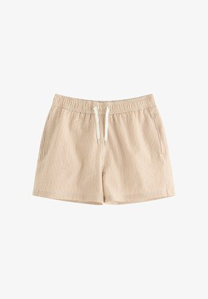 Beige og hvide vertikale stribede shorts med elastik i taljen og hvid snøre, med sidelommer.