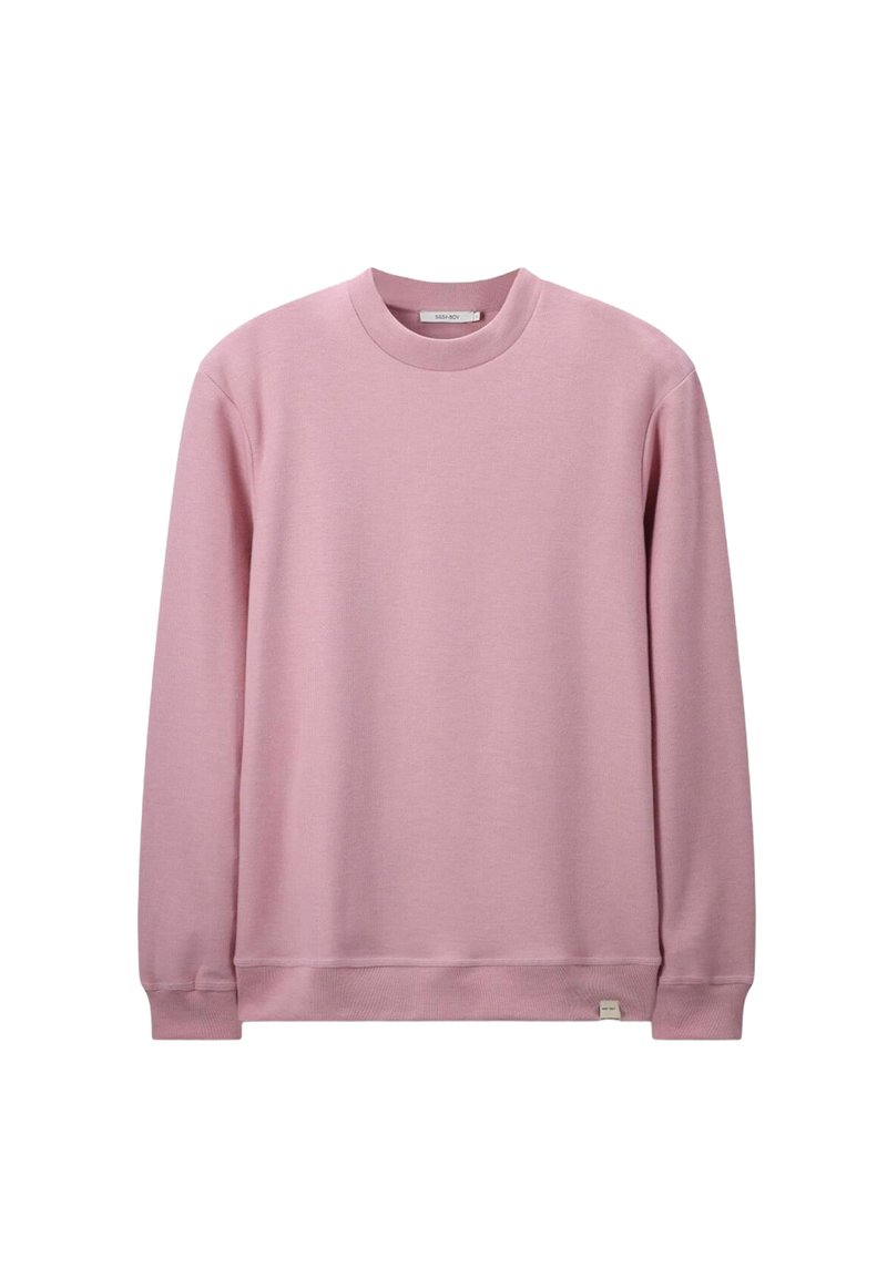 Roze sweatshirt met een ronde hals, lange mouwen en geribbelde manchetten. Gemaakt van zacht materiaal met een gladde textuur en minimale branding.