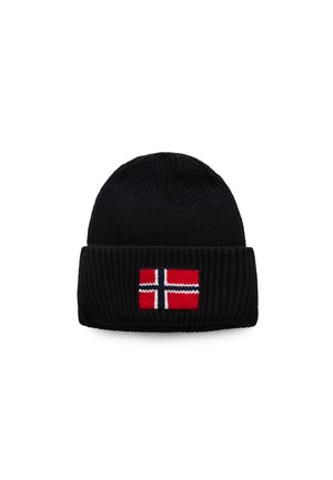 Svart stickad mössa med vikbar kant som har en broderad norsk flagga i röd, blå och vit. Mönster med ribbad textur över hela.