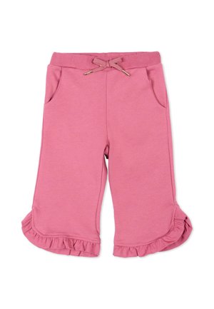 Pantaloni rosa per bambino piccolo con vita elastica, coulisse, tasche laterali e orli arricciati su entrambe le gambe.