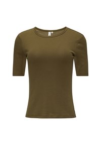 Olijfgroen, aansluitend T-shirt gemaakt van zachte, rekbare stof met een ronde halslijn en korte mouwen, met een eenvoudig ontwerp en zonder versieringen.