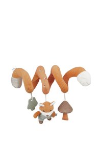 Orange spiral baby toy with hanging soft fox, mushroom, and textured leaf shapes for tactile play and sensory development.