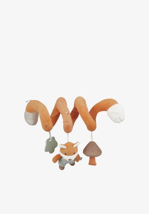 Orange spiral baby toy with hanging soft fox, mushroom, and textured leaf shapes for tactile play and sensory development.