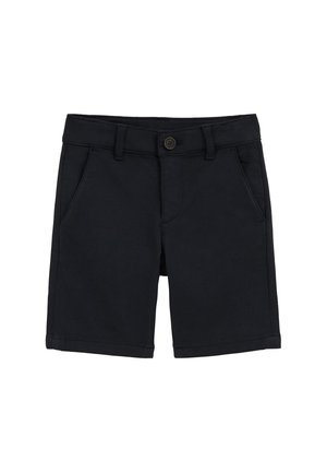 Pantaloncini neri fino al ginocchio con passanti per la cintura, tasche laterali e chiusura frontale con bottoni, progettati per un uso casual.