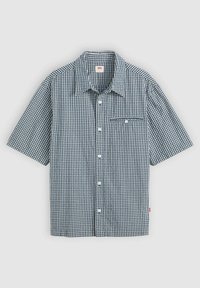 Short-sleeve shirt in a blue and white checkered pattern, featuring a button-up front, a chest pocket, and a classic collar design.