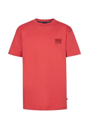 Rode T-shirt met korte mouwen van katoen, voorzien van een vierkant logo-opdruk op de linkerkant van de borst. Eenvoudig ontwerp met ronde hals en rechte zoom.