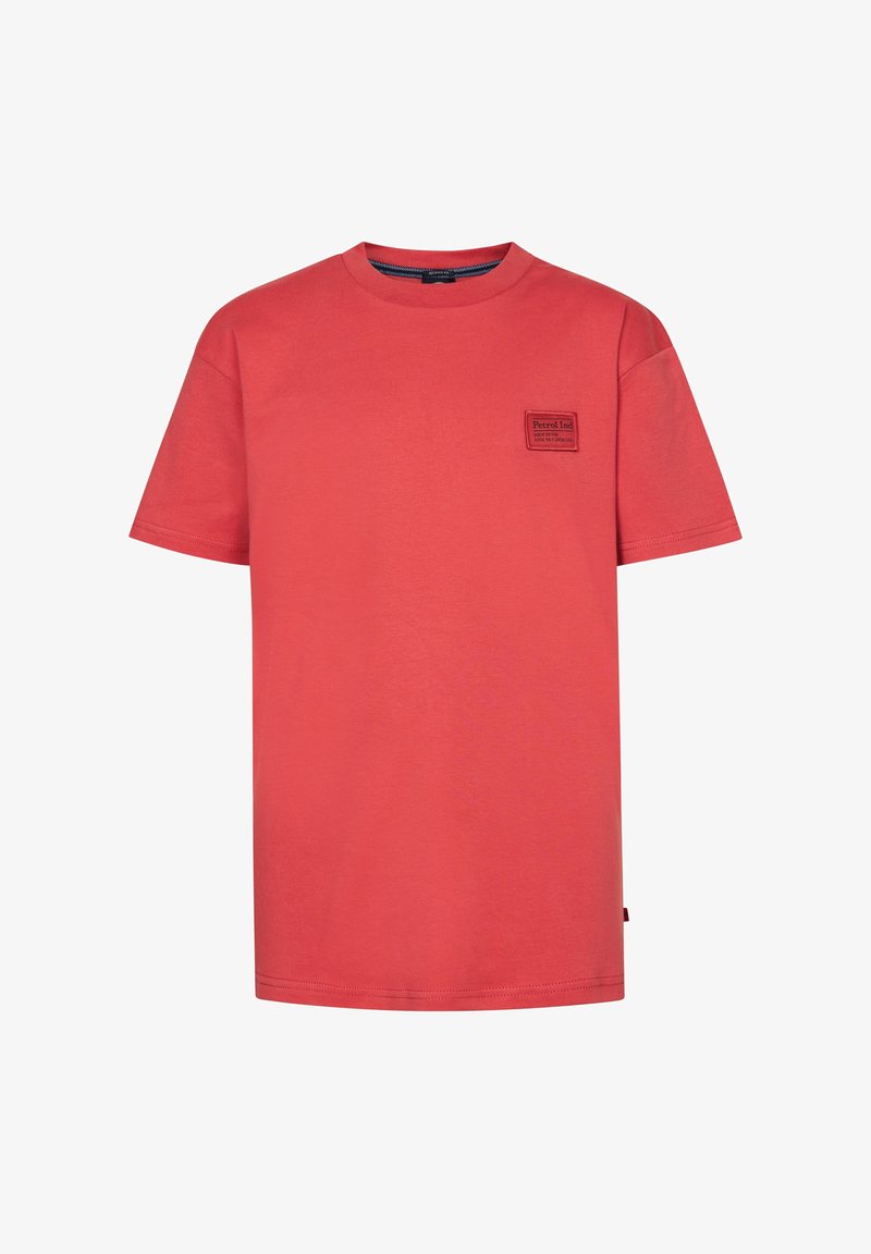 Rode T-shirt met korte mouwen van katoen, voorzien van een vierkant logo-opdruk op de linkerkant van de borst. Eenvoudig ontwerp met ronde hals en rechte zoom.