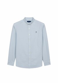 Lichtblauw longsleeve shirt met een geruit patroon, button-down kraag en een klein geborduurd logo op de linkerborst.