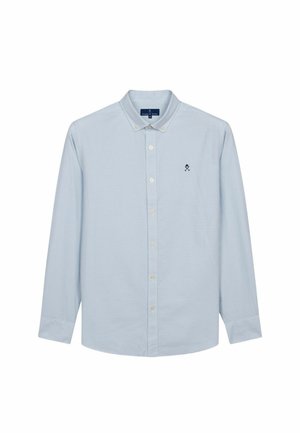 Light blue long-sleeve shirt with a checkered pattern, button-down collar, and small embroidered logo on the left chest.