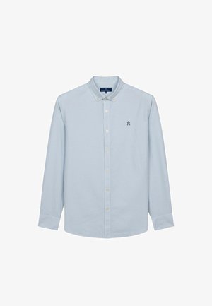 Light blue long-sleeve shirt with a checkered pattern, button-down collar, and small embroidered logo on the left chest.
