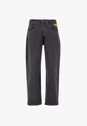 Sort denim jeans med lige ben-design, der har forlommer, en knaplukning og en diskret logo-detalje på taljen.