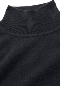 Schwarzer gerippter Rollkragenpullover mit weichem Material und eng anliegendem Design, das eine glatte, durchgehende Stoffoberfläche zeigt.