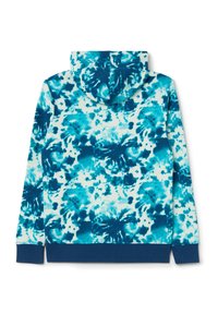 Sudadera con capucha que presenta un patrón de tie-dye en tonos de azul y turquesa, confeccionada con una tela suave y con puños y dobladillo acanalados.