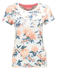 Biała koszulka z krótkim rękawem z różowym i niebieskim kwiatowym nadrukiem oraz słabym białym napisem "SuperDry Tokyo Japan" z przodu.