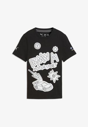 T-shirt noir BMW Motorsport avec une voiture dessinée en blanc, un texte stylisé et des symboles graphiques à thème de course sur le devant.