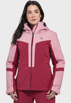 Pink and burgundy waterproof ski jacket with a zippered front, hood, and contrasting color blocks. Features adjustable cuffs and logo detailing.