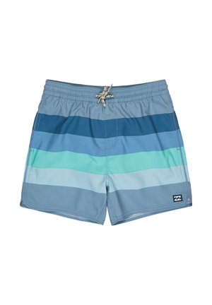 Męskie spodenki kąpielowe w poziome paski w odcieniach niebieskiego i zielonego, z elastycznym pasem i sznurkiem do wiązania.