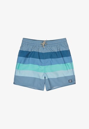 Herren-Badeshorts mit horizontalen Streifen in Blau- und Grüntönen, elastischem Bund und Kordelzug.