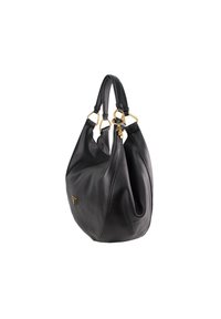 Schwarze Lederhandtasche mit weicher, strukturierter Oberfläche. Verfügt über zwei kurze Griffe und goldfarbene Metallakzente. Lässiges Design mit dezentem Logo.