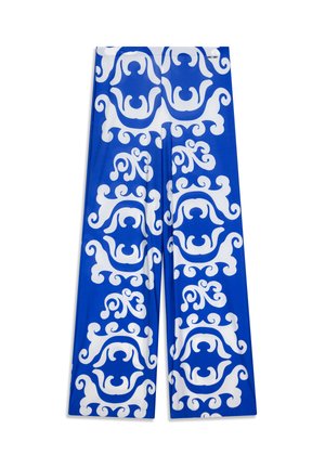 Pantalon bleu à jambes larges avec un motif blanc tourbillonnant, confectionné dans un tissu lisse à texture extensible. Aucune quincaillerie ni accent visible.